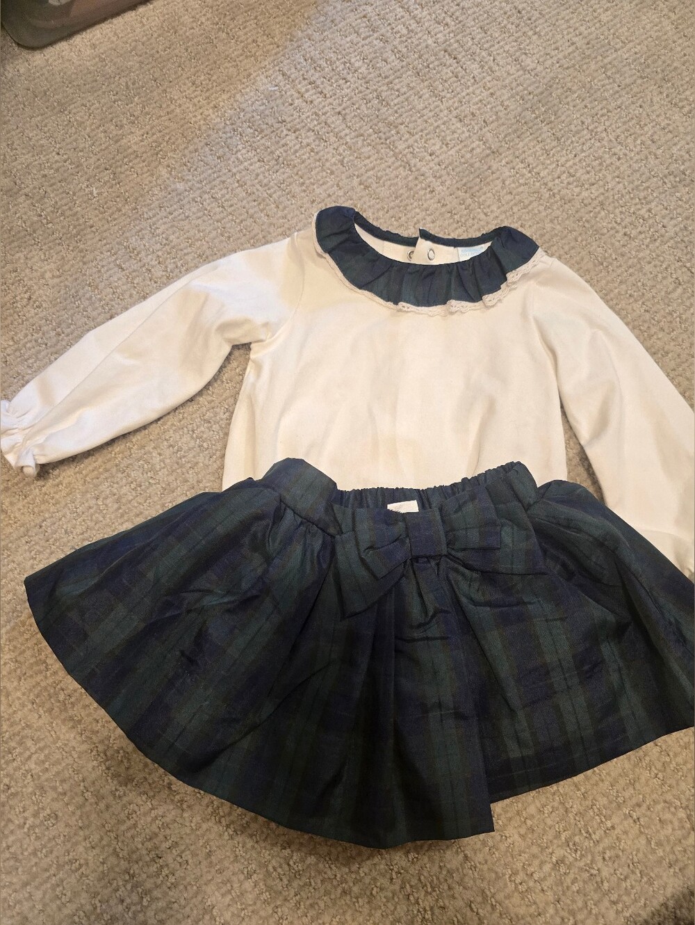 Edgehill Collection Girls Two-Piece White Top with Navy & Green Plaid Skirt